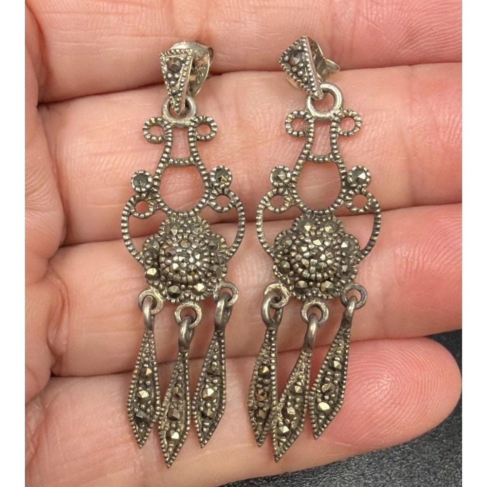 Sterling Silver Marcasite Chandelier Drop Earrings Dangle Vintage 6.6 grams - Picture 2 of 7
